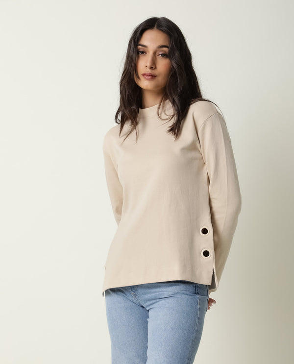 Rareism Women Ross Beige Cotton Fabric Regular Fit High Neck Full Sleeves Solid Top