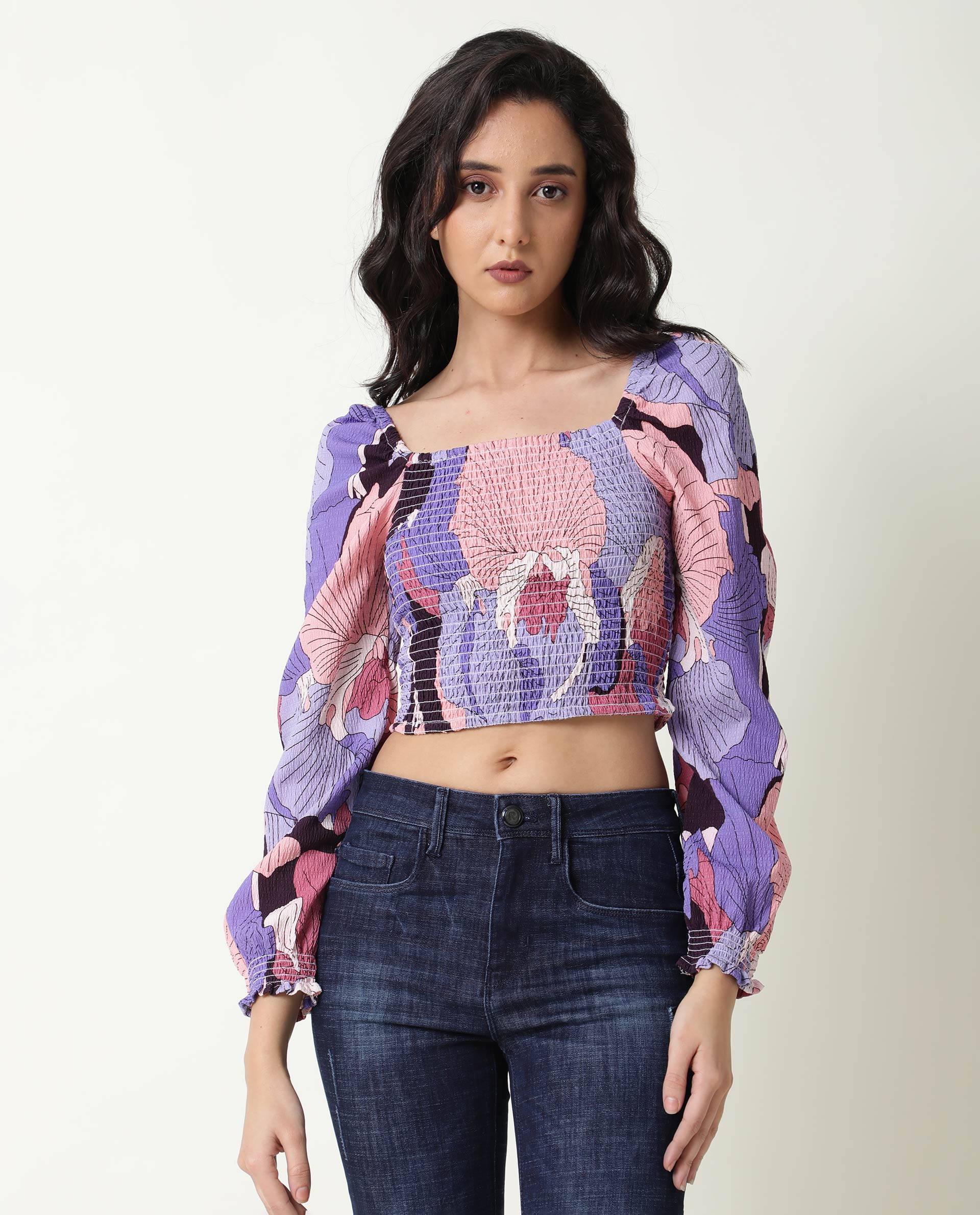 Rareism Womens Kohl Multi Top Polycotton Fabric  Full Sleeve Square Neck