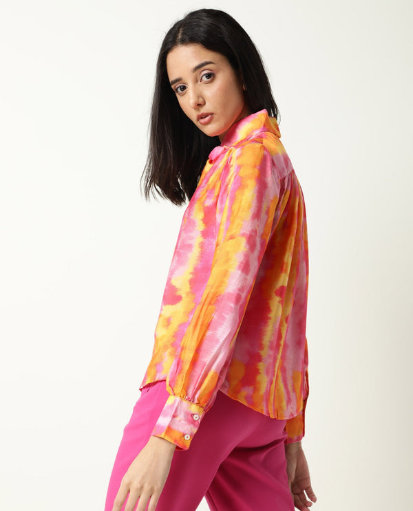 Rareism Womens Dense Pink Top Modal Satin Fabric Regular Fit Full Sleeve Tie Up Neck