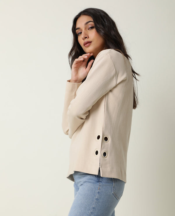 Rareism Women Ross Beige Cotton Fabric Regular Fit High Neck Full Sleeves Solid Top