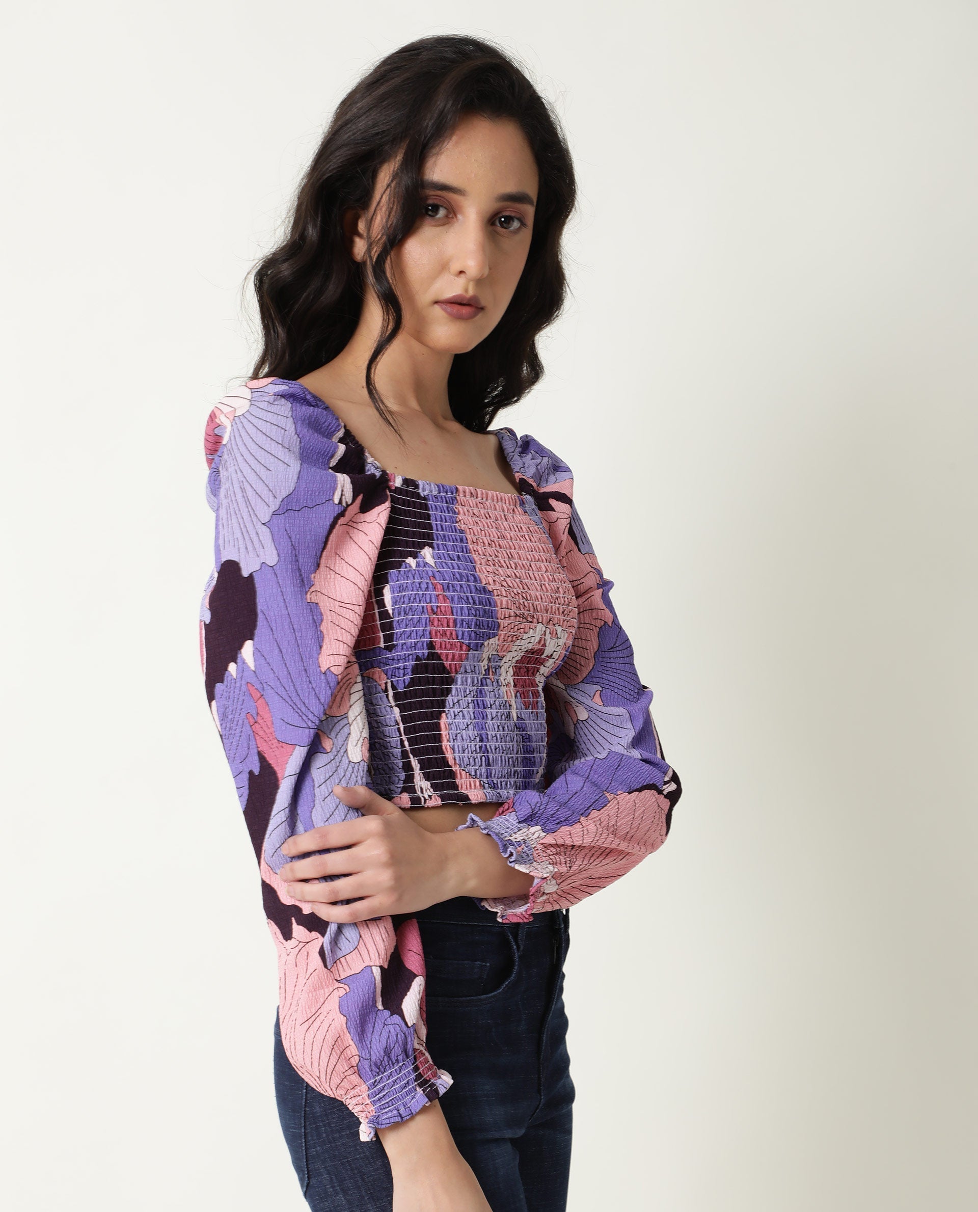 Rareism Womens Kohl Multi Top Polycotton Fabric  Full Sleeve Square Neck