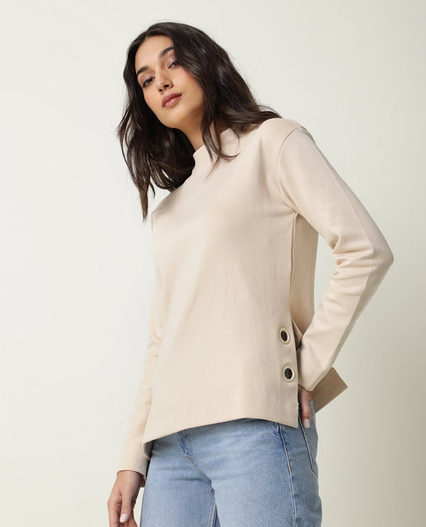Rareism Women Ross Beige Cotton Fabric Regular Fit High Neck Full Sleeves Solid Top