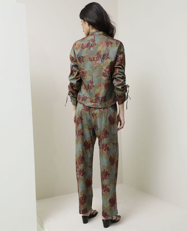 Rareism Women Skyla Dark Olive Cotton Fabric Full Sleeves Button Closure Mandarin Collar Regular Fit Floral Print Top