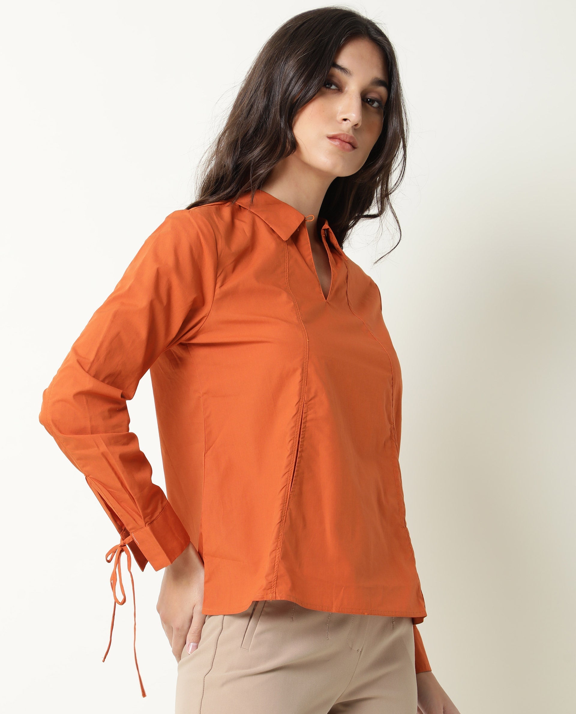 Rareism Womens Merge Rust Top Cotton Fabric Regular Fit Full Sleeve Collared Neck