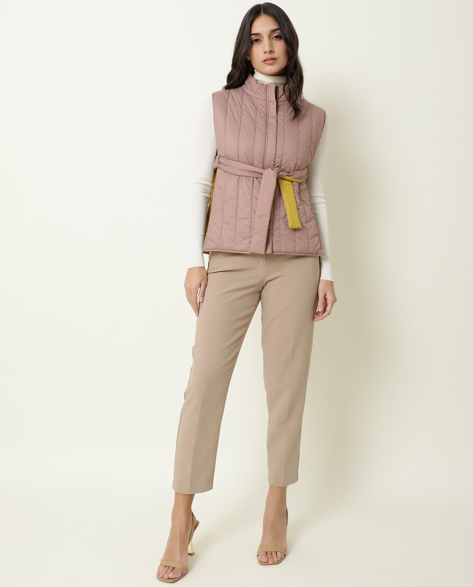 Rareism Women Aurora Pink Polyester Fabric Sleeveless Solid High Neck Jacket