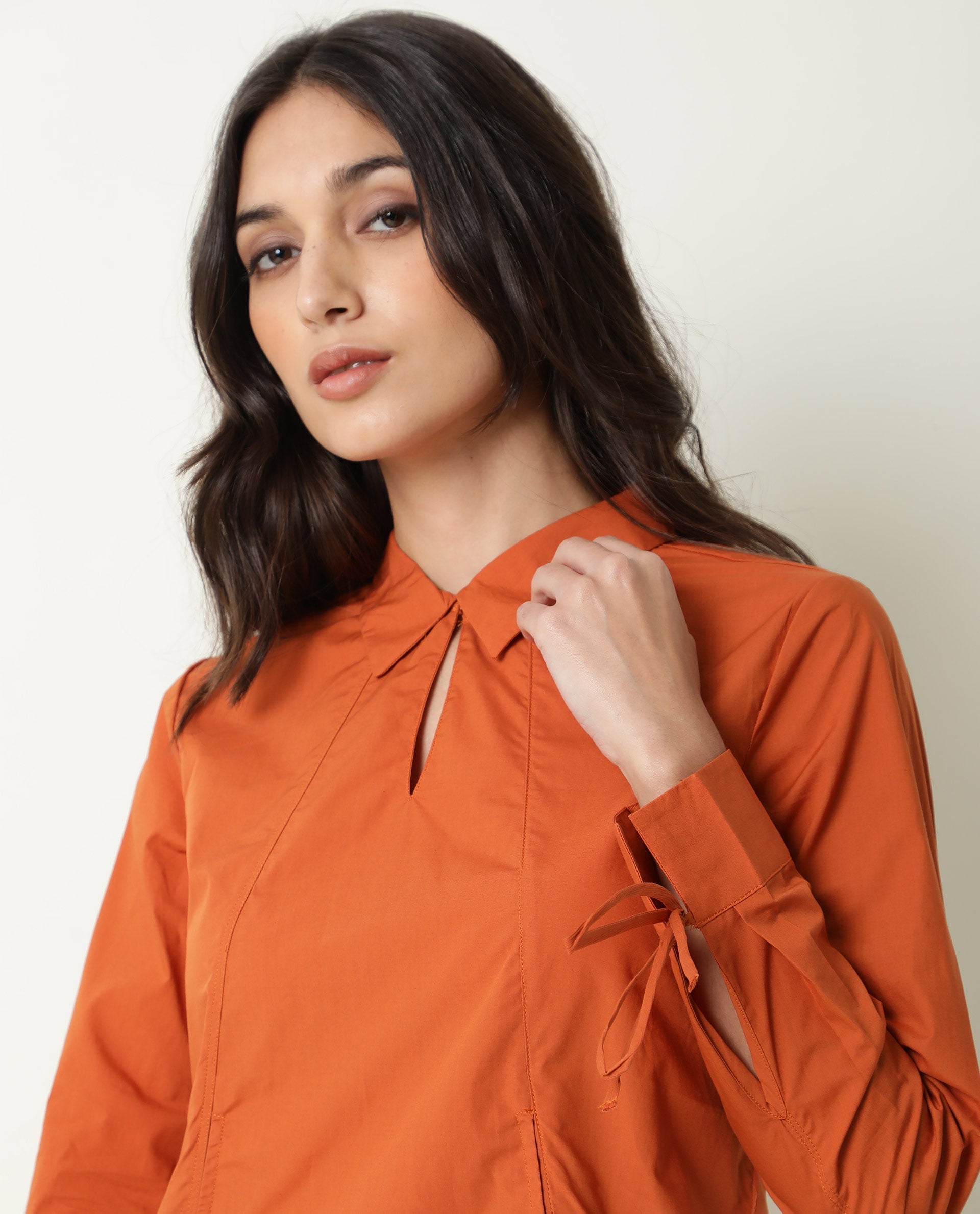 Rareism Womens Merge Rust Top Cotton Fabric Regular Fit Full Sleeve Collared Neck