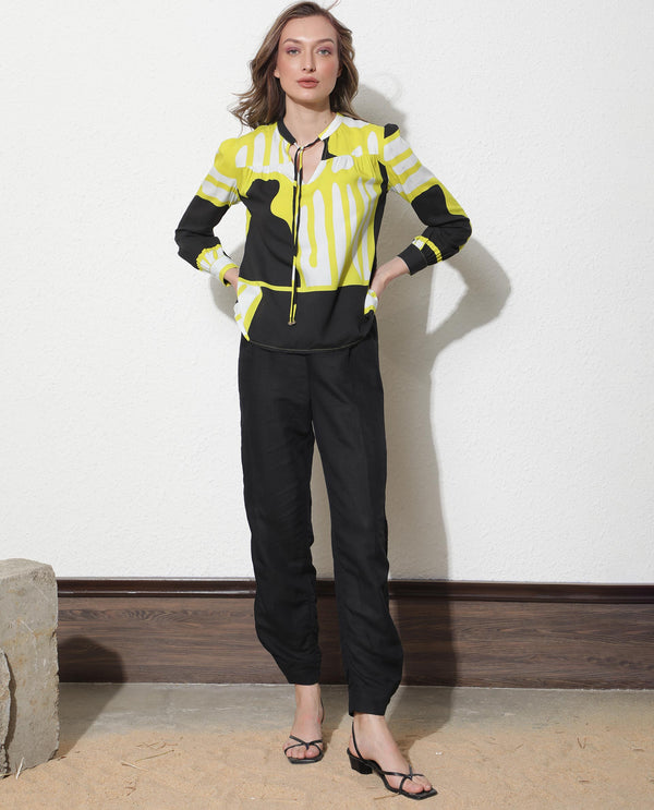 Rareism Women Vito Navy Viscose Fabric Slim Fit Key Hole Neck Full Sleeves Abstract Print Top