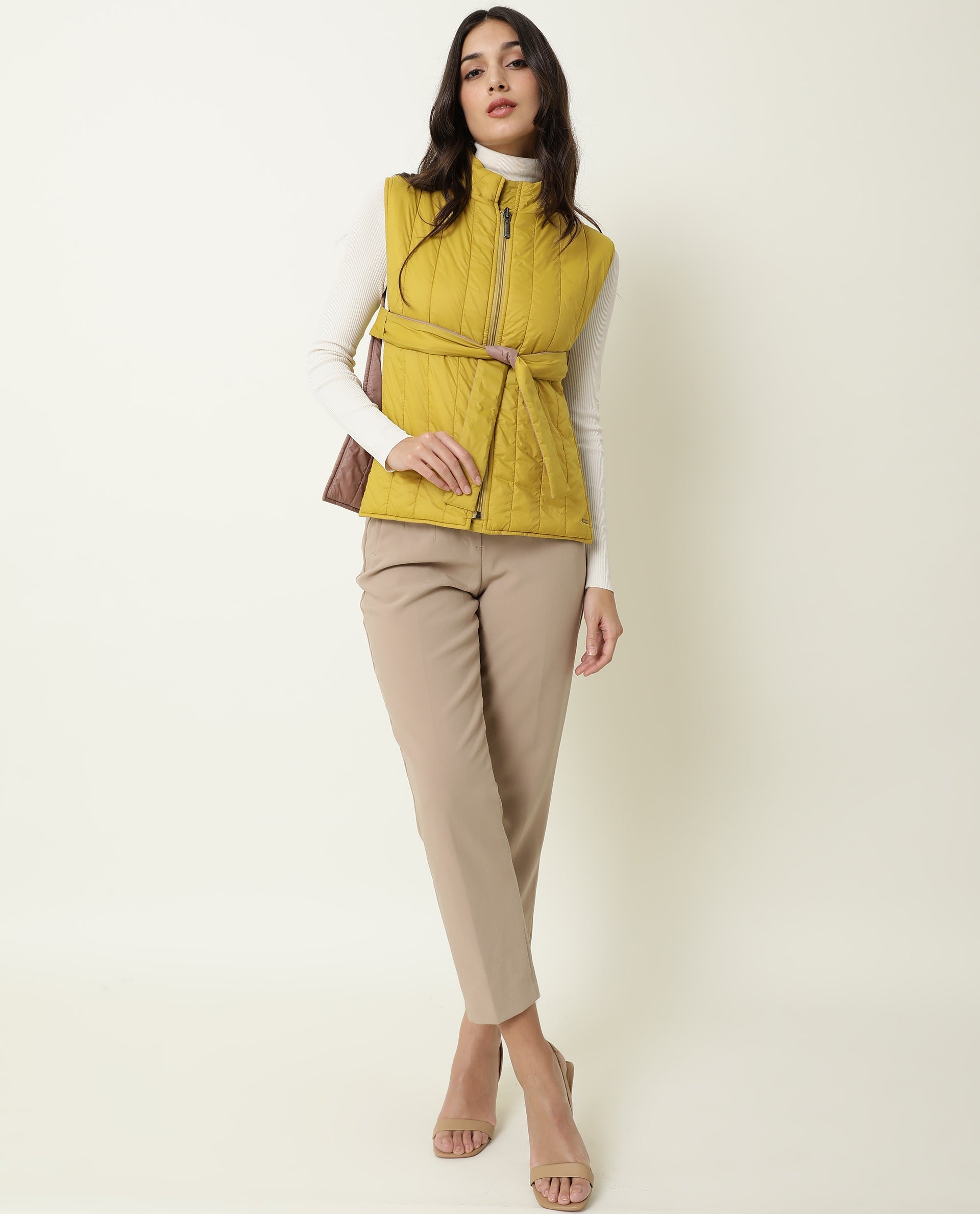 Rareism Women Aurora Pink Polyester Fabric Sleeveless Solid High Neck Jacket