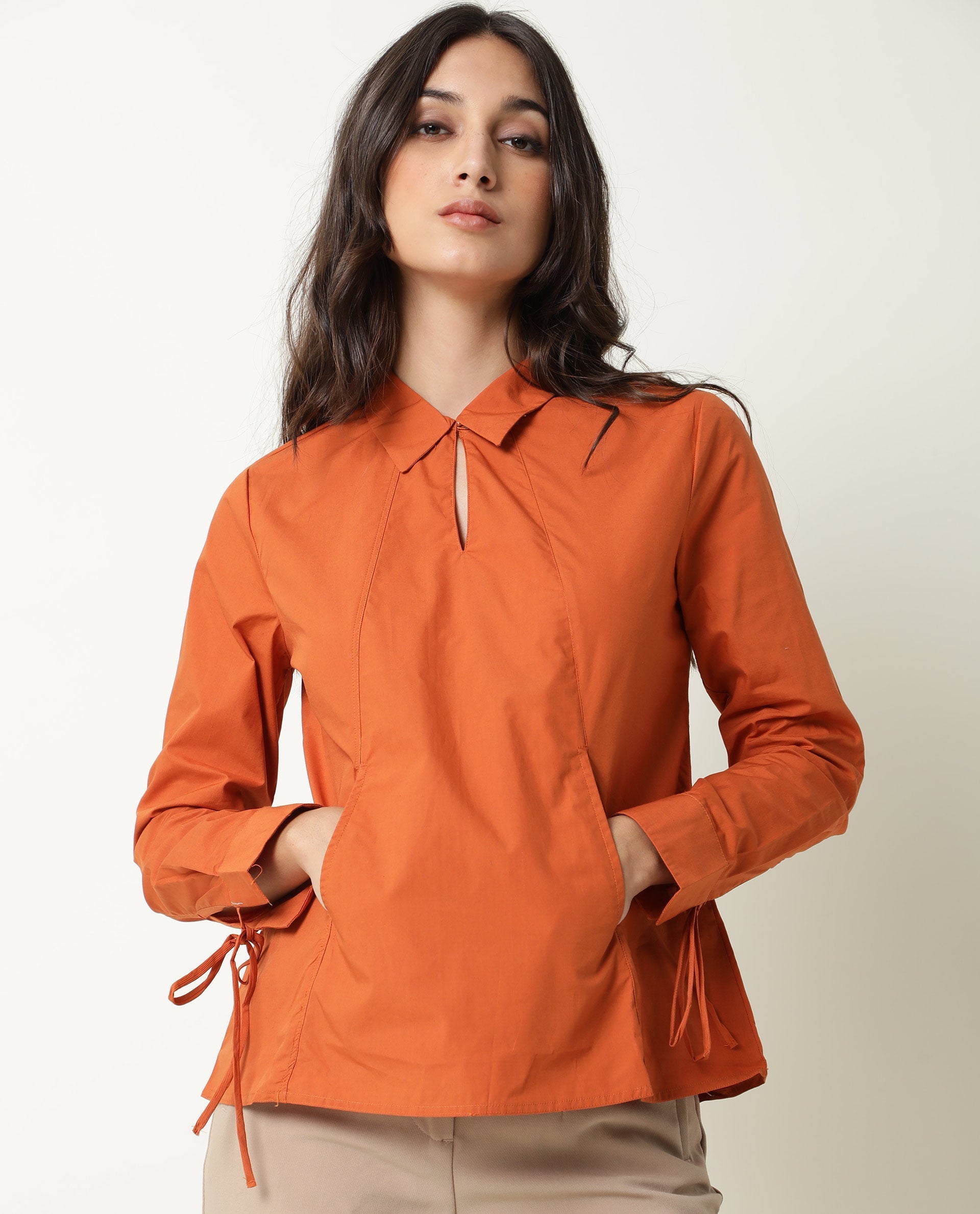 Rareism Womens Merge Rust Top Cotton Fabric Regular Fit Full Sleeve Collared Neck