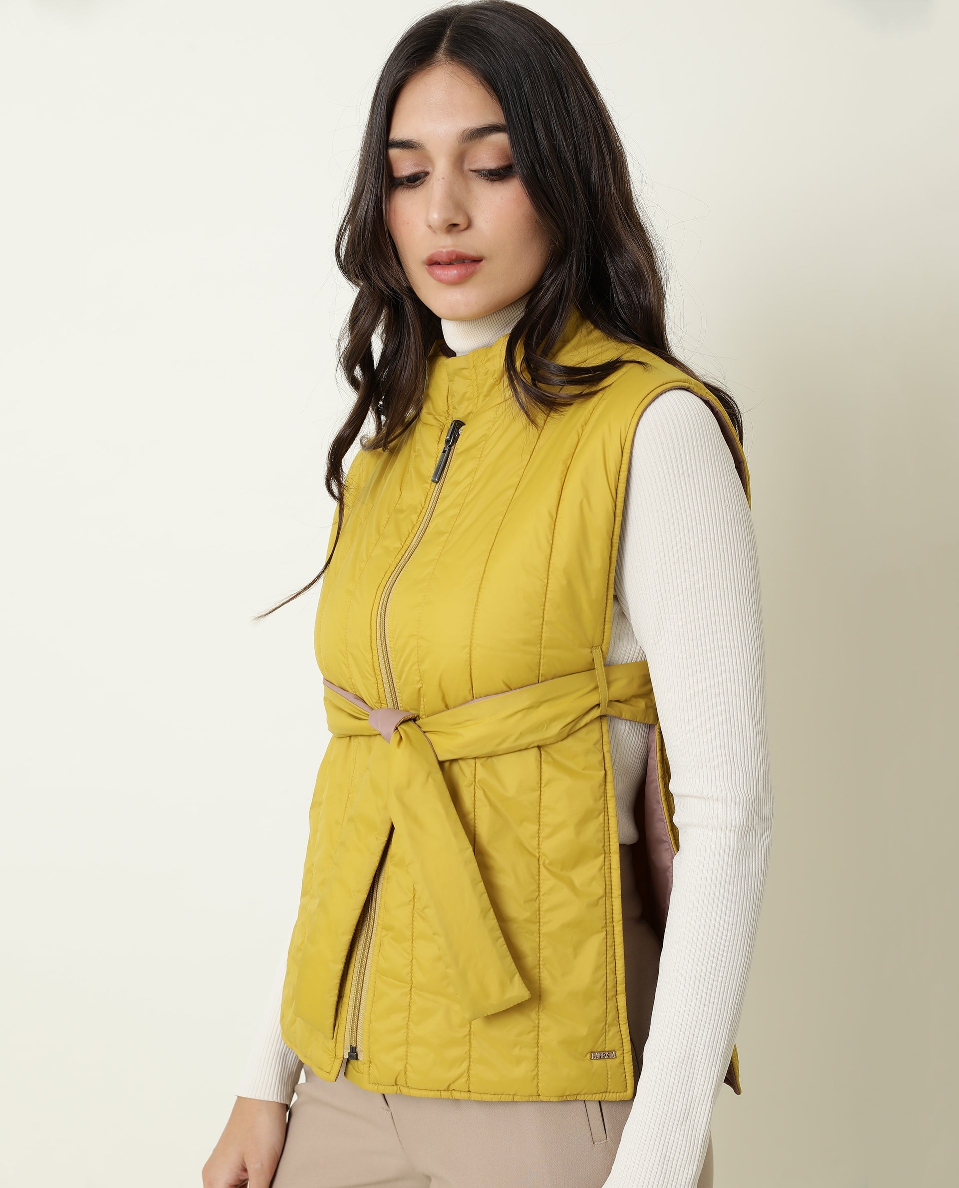 Rareism Women Aurora Pink Polyester Fabric Sleeveless Solid High Neck Jacket