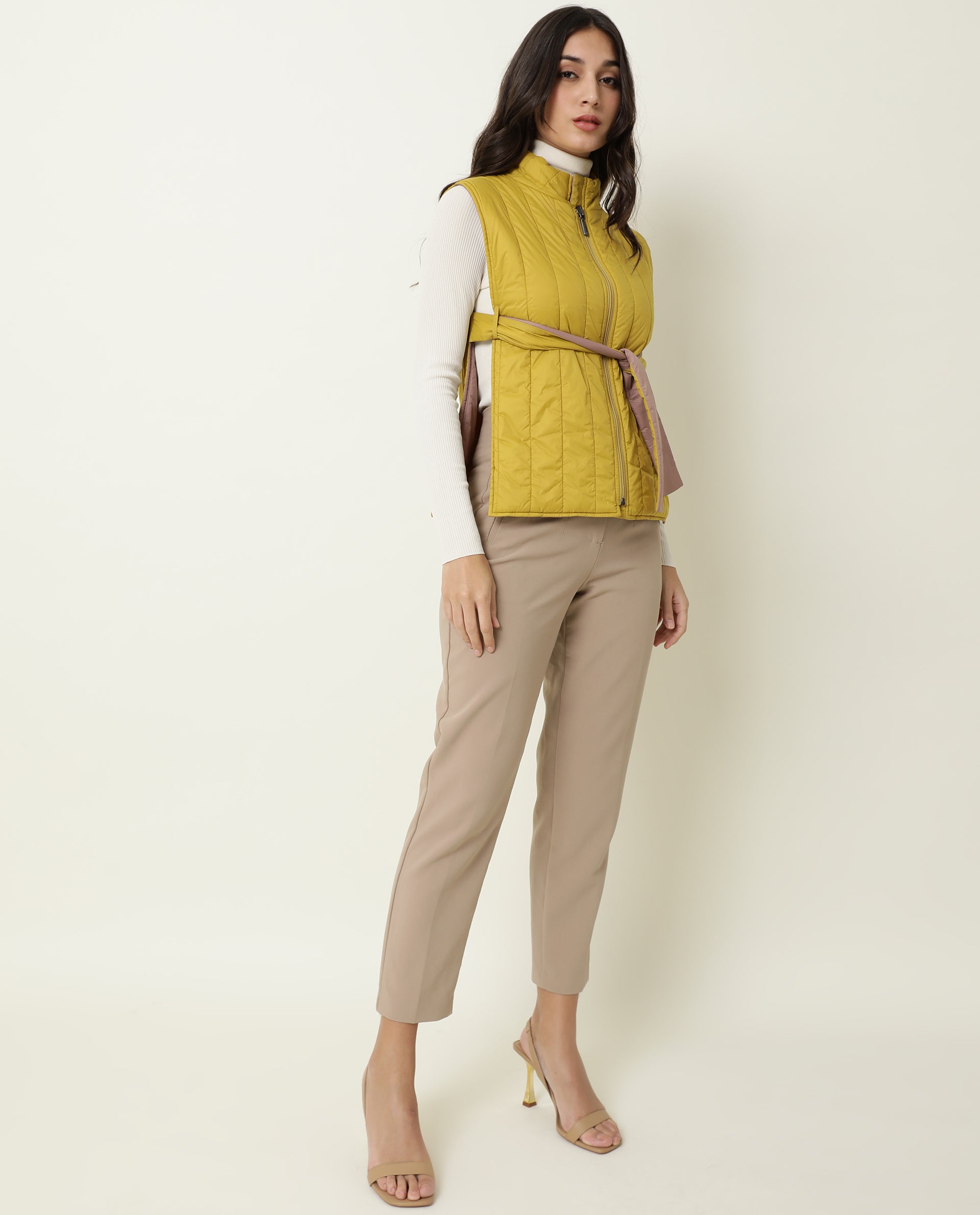 Rareism Women Aurora Pink Polyester Fabric Sleeveless Solid High Neck Jacket