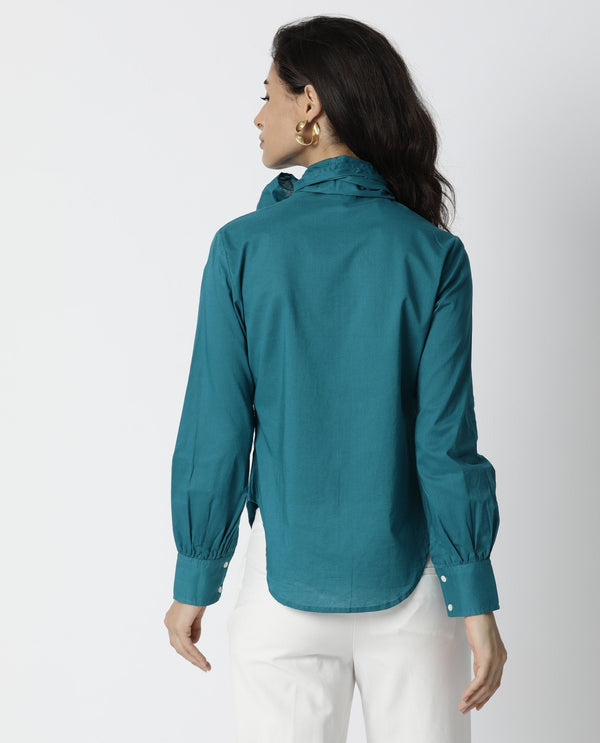 Rareism Womens Flame Petrol Top Cotton Fabric Full Sleeves Tie Up Neckline