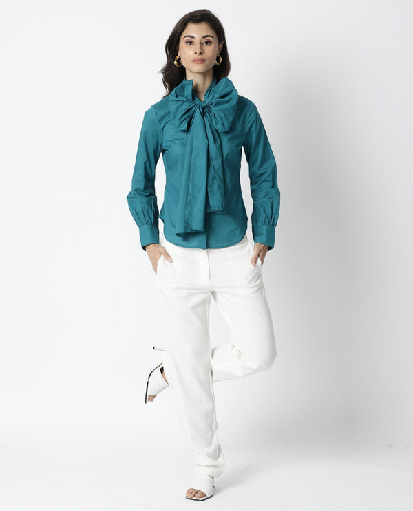 Rareism Womens Flame Petrol Top Cotton Fabric Full Sleeves Tie Up Neckline