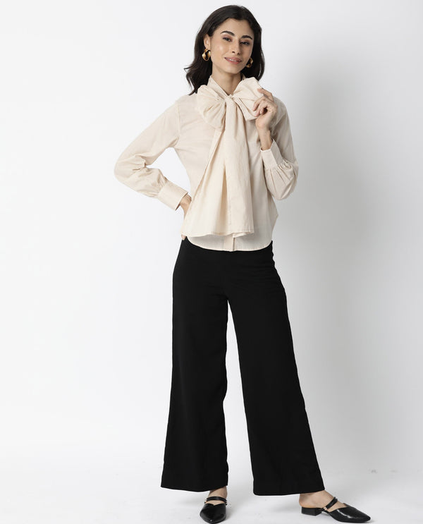 Rareism Womens Flame Beige Top Cotton Fabric Full Sleeves Tie Up Neckline