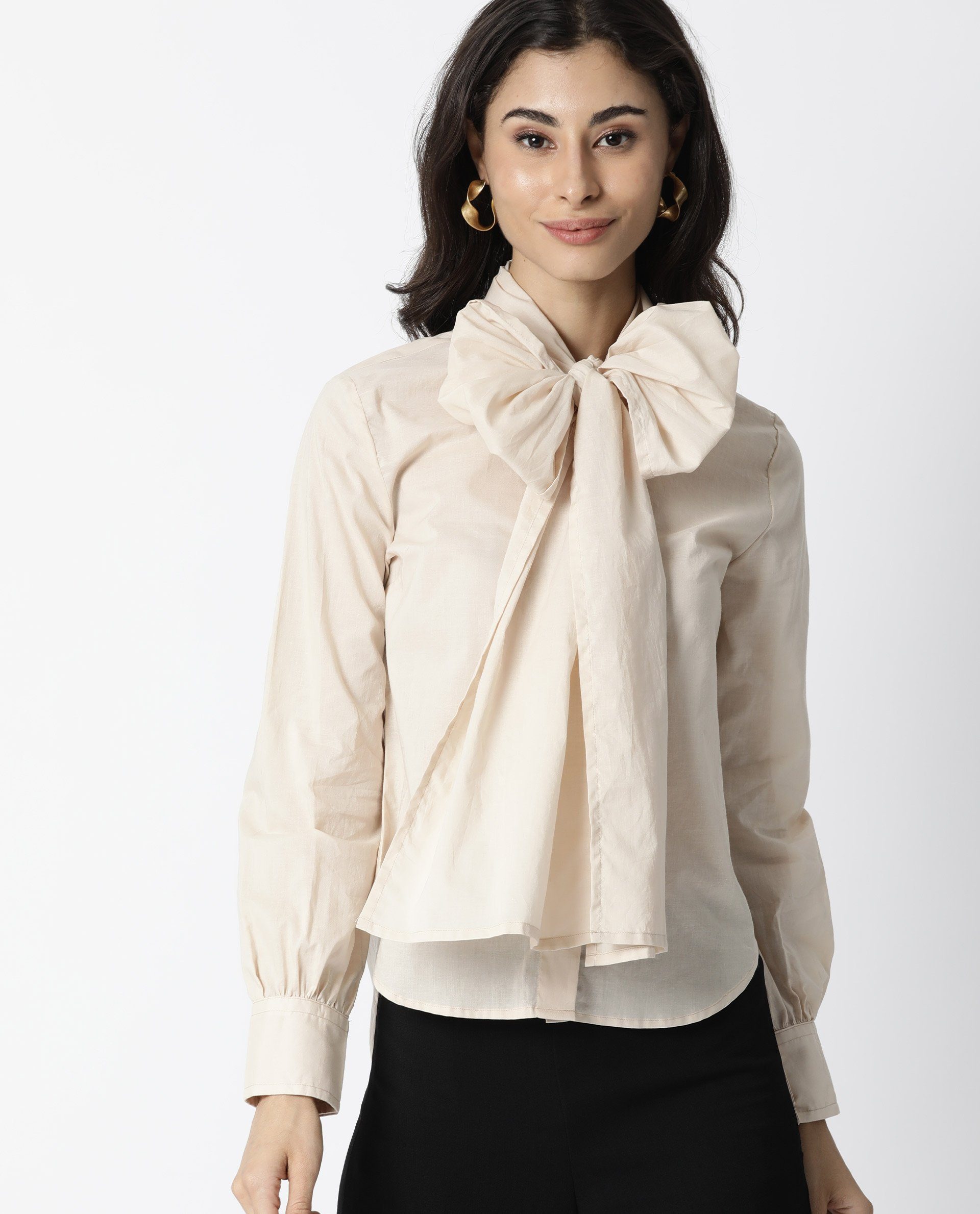Rareism Womens Flame Beige Top Cotton Fabric Full Sleeves Tie Up Neckline