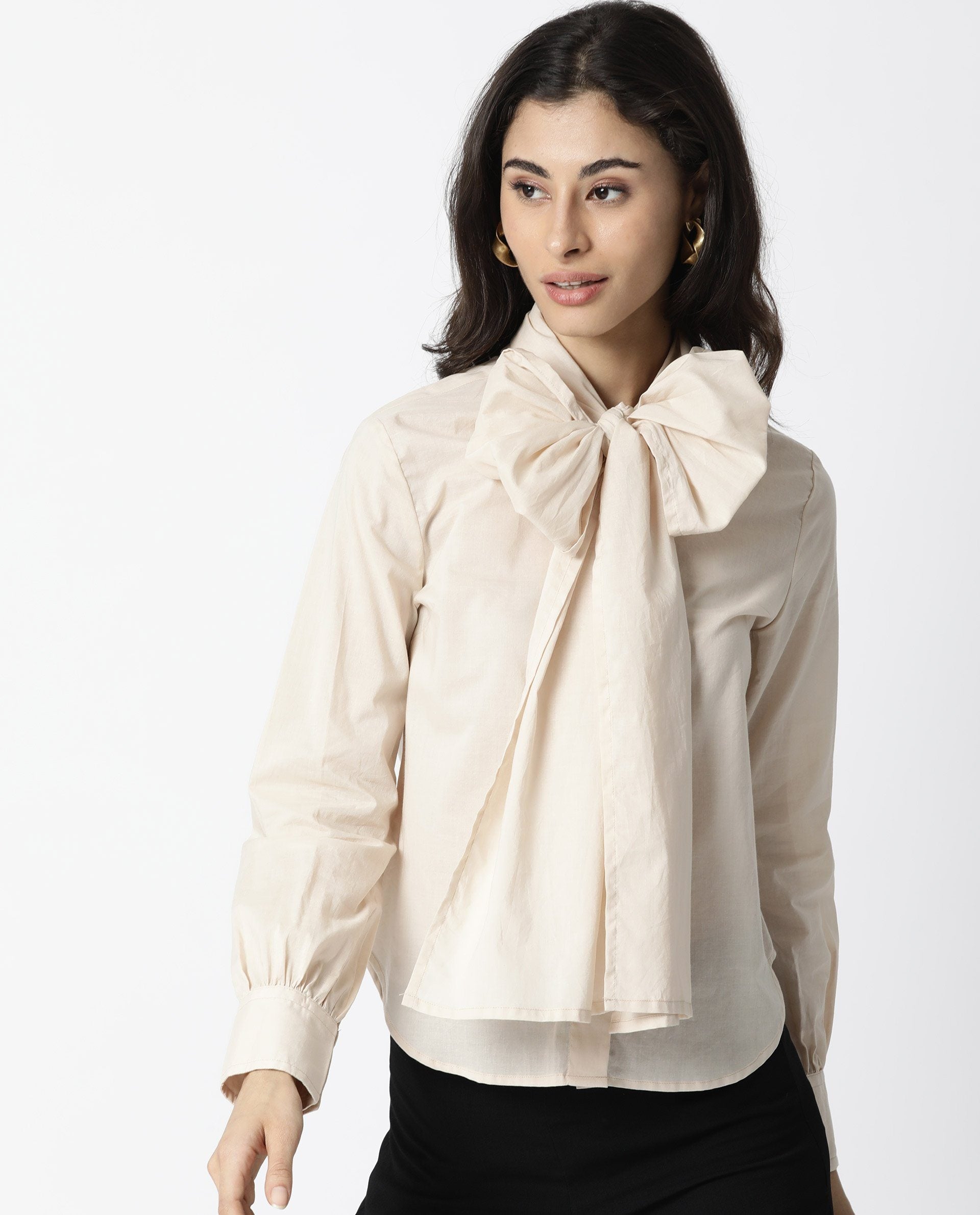 Rareism Womens Flame Beige Top Cotton Fabric Full Sleeves Tie Up Neckline