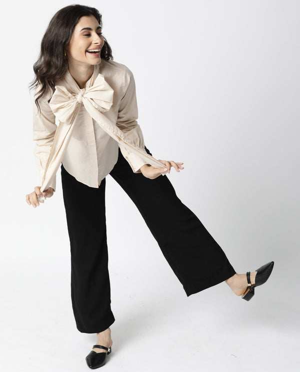 Rareism Womens Flame Beige Top Cotton Fabric Full Sleeves Tie Up Neckline