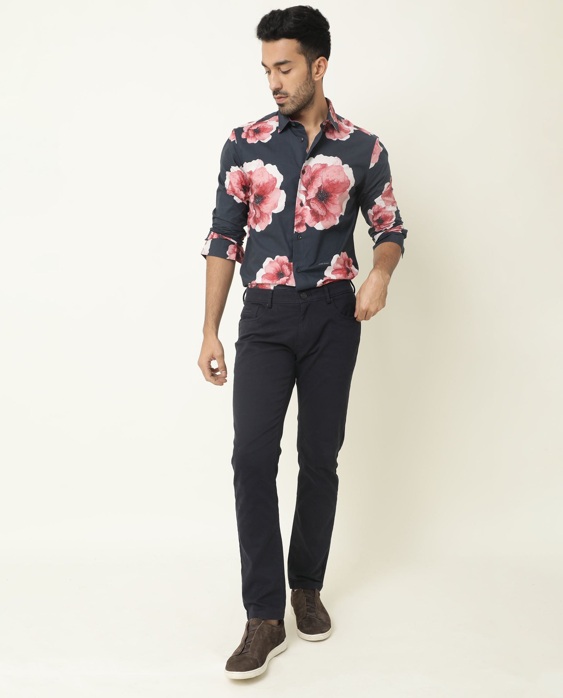 Rare Rabbit Men's Netherss Navy Cotton Fabric Floral Print Full Sleeves Shirt