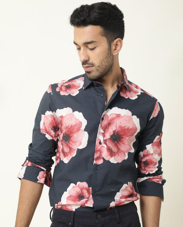 Rare Rabbit Men's Netherss Navy Cotton Fabric Floral Print Full Sleeves Shirt