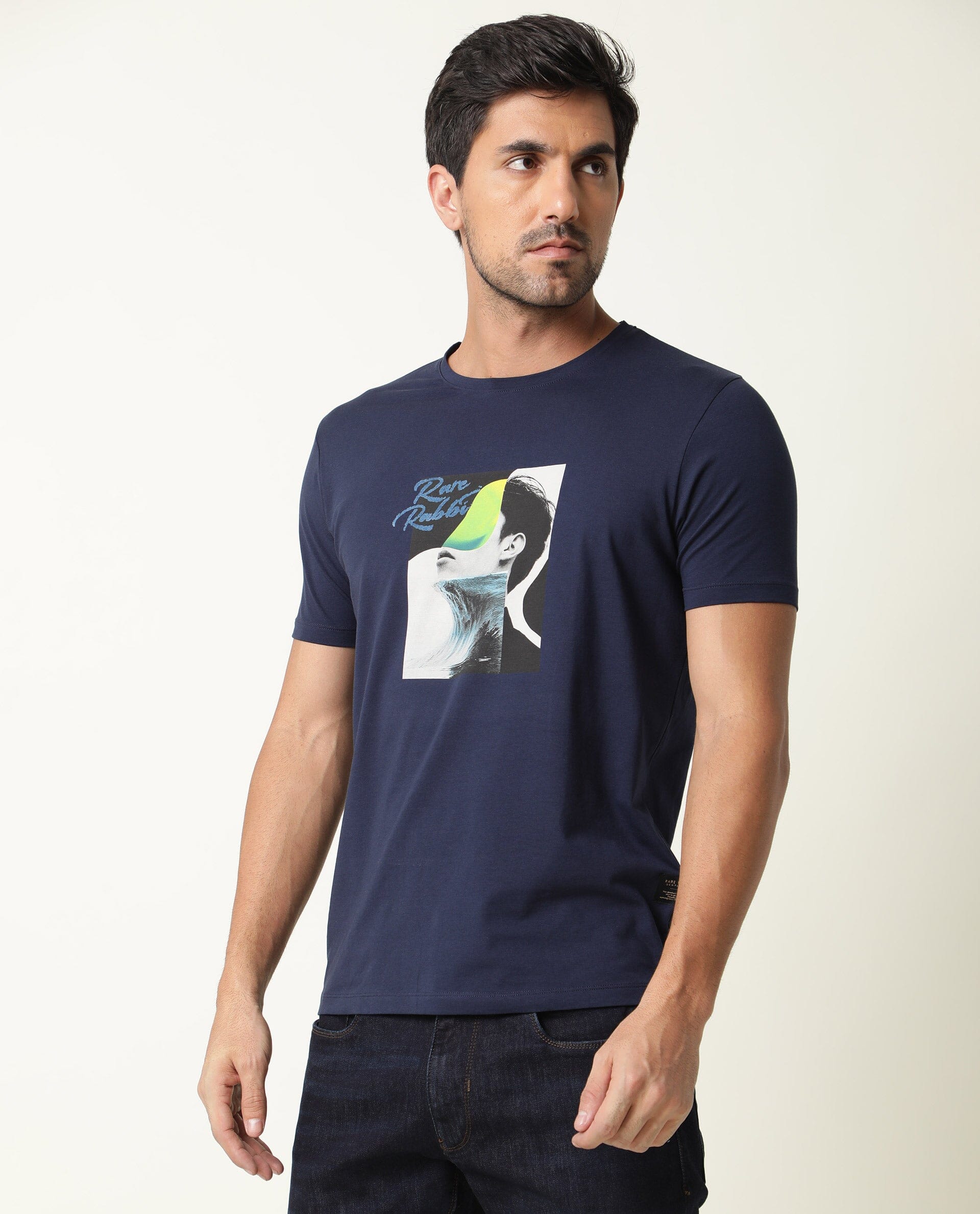 Rare Rabbit Men's Minx Navy Cotton Lycra Fabric Crew Neck Half Sleeves Regular Fit Graphic Print T-Shirt
