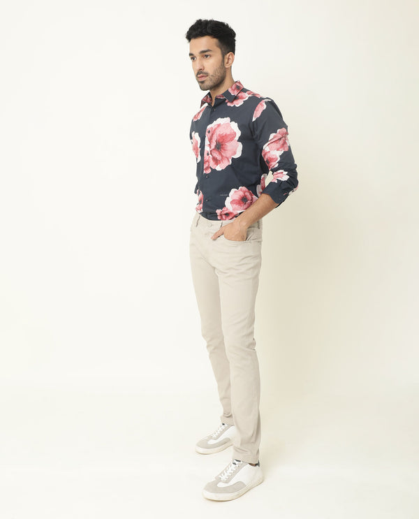 Rare Rabbit Men's Netherss Navy Cotton Fabric Floral Print Full Sleeves Shirt