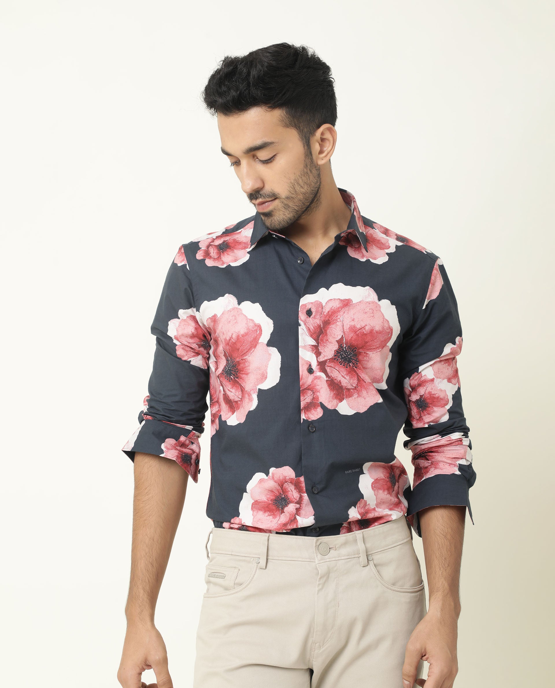 Rare Rabbit Men's Netherss Navy Cotton Fabric Floral Print Full Sleeves Shirt