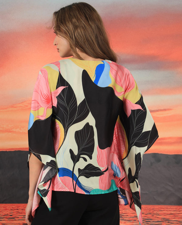 Rareism Women Palace Multi Modal Satin Fabric Relaxed Fit V-Neck Half Sleeves Abstract Print Top