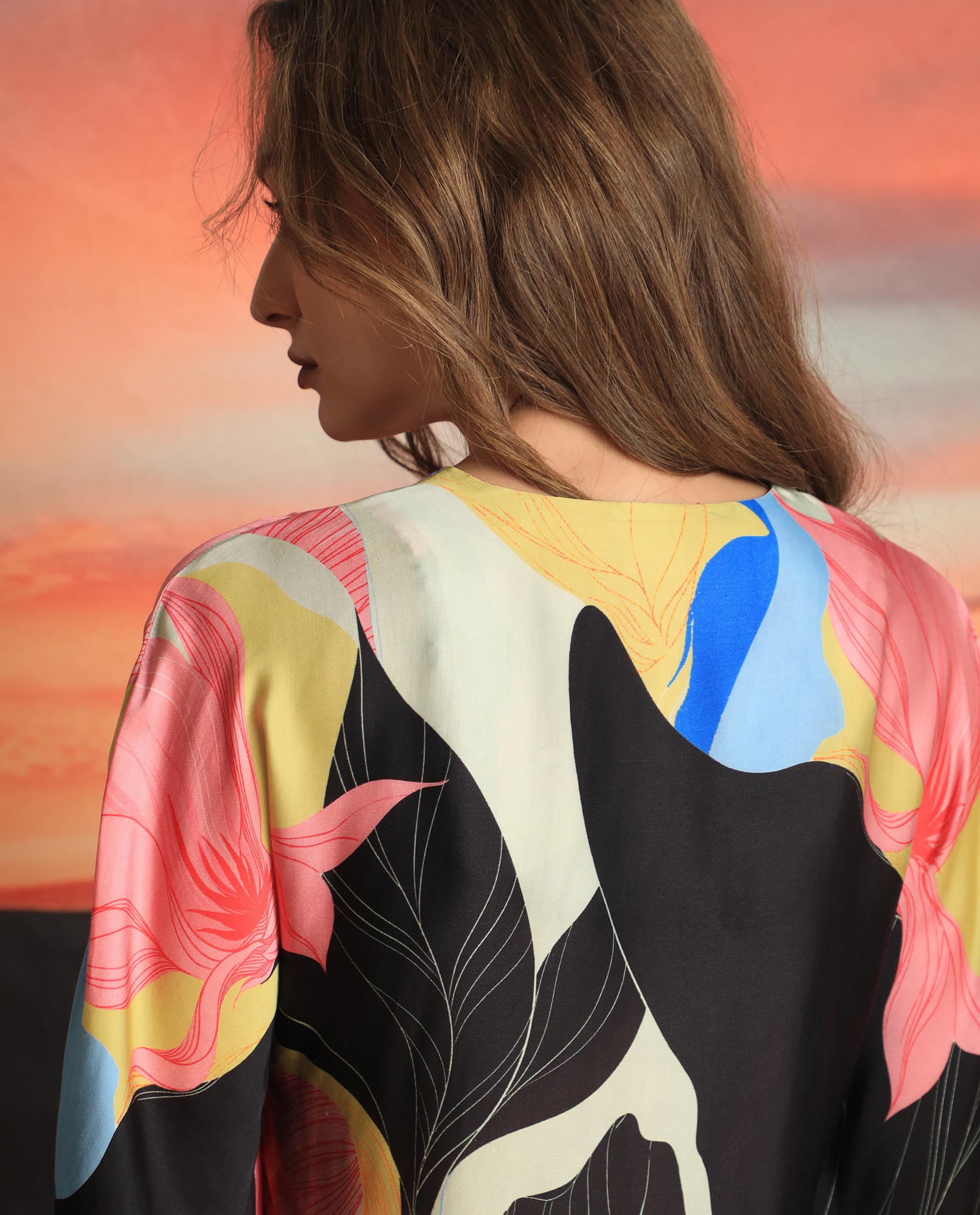 Rareism Women Palace Multi Modal Satin Fabric Relaxed Fit V-Neck Half Sleeves Abstract Print Top