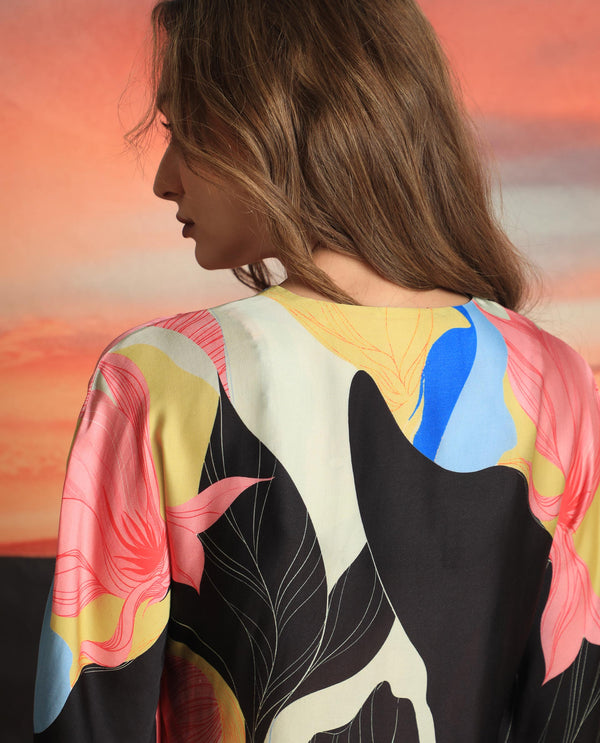 Rareism Women Palace Multi Modal Satin Fabric Relaxed Fit V-Neck Half Sleeves Abstract Print Top