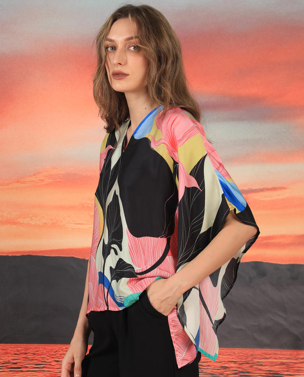 Rareism Women Palace Multi Modal Satin Fabric Relaxed Fit V-Neck Half Sleeves Abstract Print Top