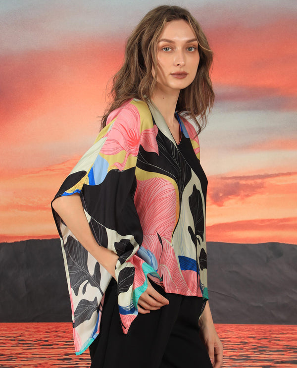 Rareism Women Palace Multi Modal Satin Fabric Relaxed Fit V-Neck Half Sleeves Abstract Print Top