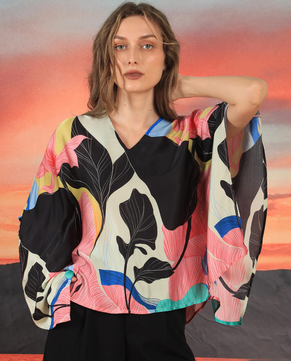 Rareism Women Palace Multi Modal Satin Fabric Relaxed Fit V-Neck Half Sleeves Abstract Print Top