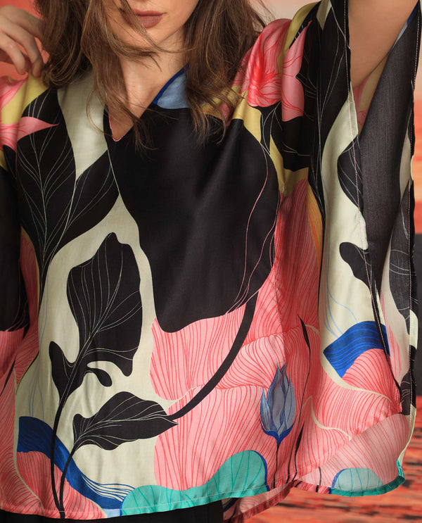 Rareism Women Palace Multi Modal Satin Fabric Relaxed Fit V-Neck Half Sleeves Abstract Print Top
