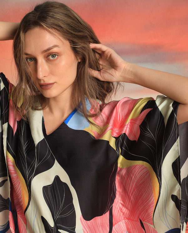 Rareism Women Palace Multi Modal Satin Fabric Relaxed Fit V-Neck Half Sleeves Abstract Print Top