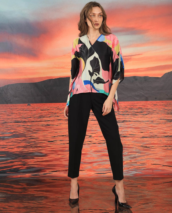 Rareism Women Palace Multi Modal Satin Fabric Relaxed Fit V-Neck Half Sleeves Abstract Print Top