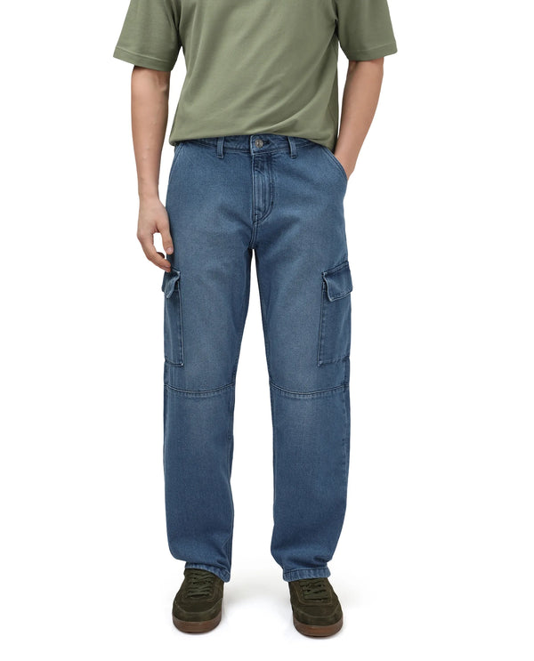 Rare Rabbit Men's Ivo Blue Cotton Fabric Mid Wash Mid Rise Cargo Style Baggy Fit Cut and Sew Plain Jeans