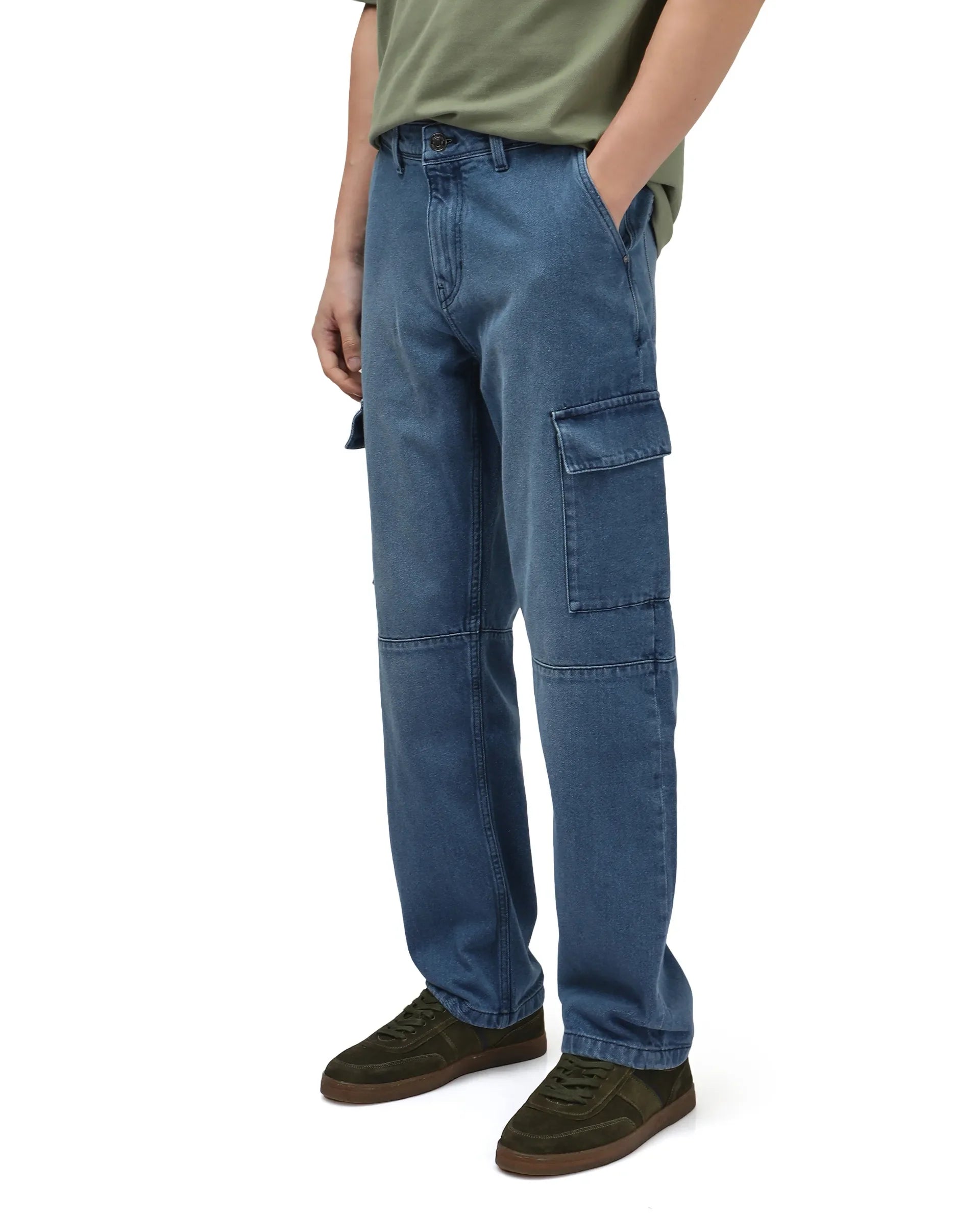 Rare Rabbit Men's Ivo Blue Cotton Fabric Mid Wash Mid Rise Cargo Style Baggy Fit Cut and Sew Plain Jeans