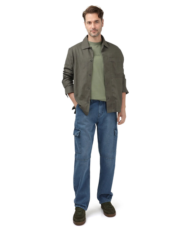 Rare Rabbit Men's Ivo Blue Cotton Fabric Mid Wash Mid Rise Cargo Style Baggy Fit Cut and Sew Plain Jeans
