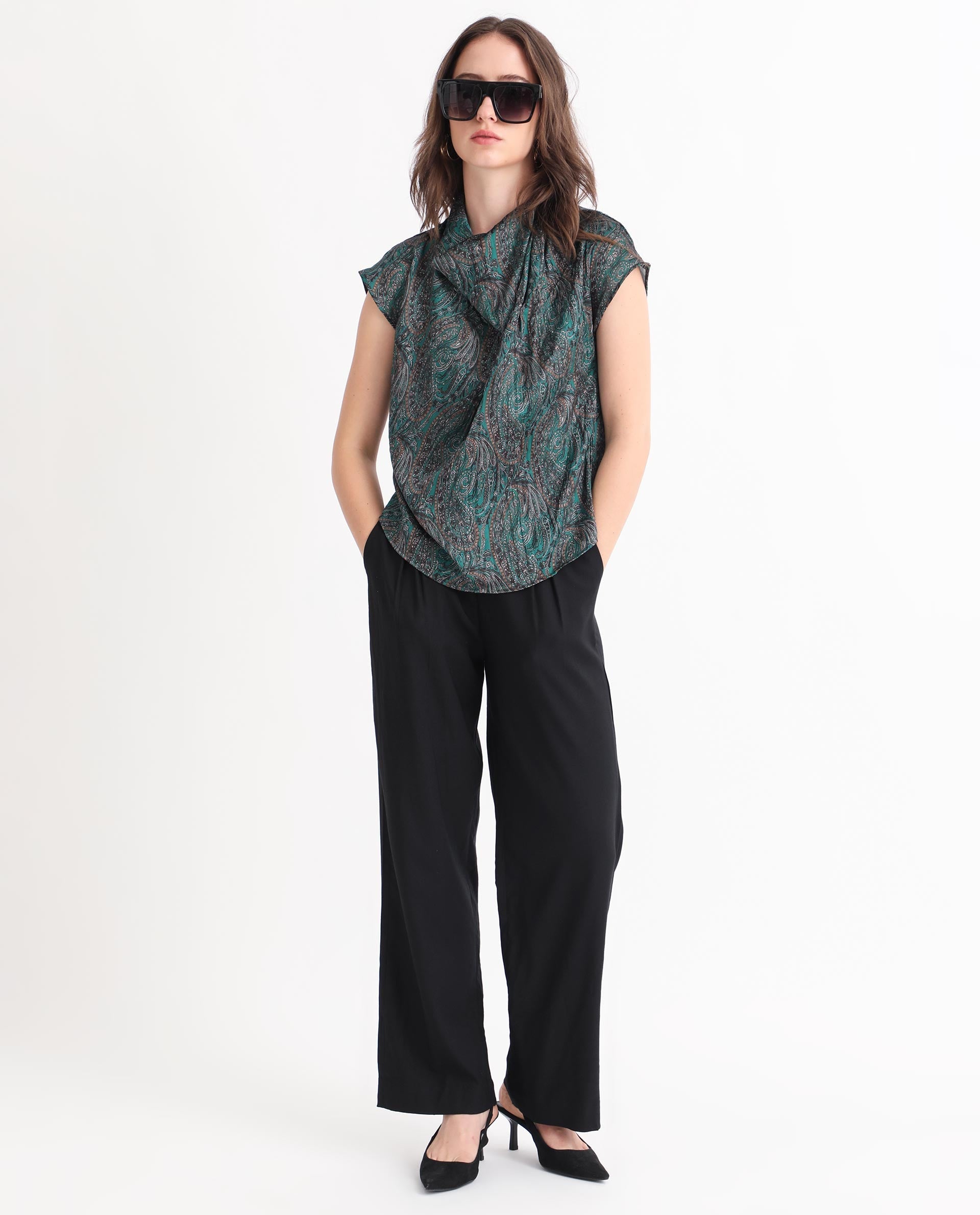 Rareism Women Jadeny Dark Green Polyester Fabric Short Sleeves Button Closure Cowl Neck Extended Sleeve Regular Fit Paisley Print Blouse Top