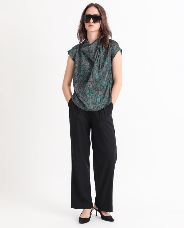 Rareism Women Jadeny Dark Green Polyester Fabric Short Sleeves Button Closure Cowl Neck Extended Sleeve Regular Fit Paisley Print Blouse Top