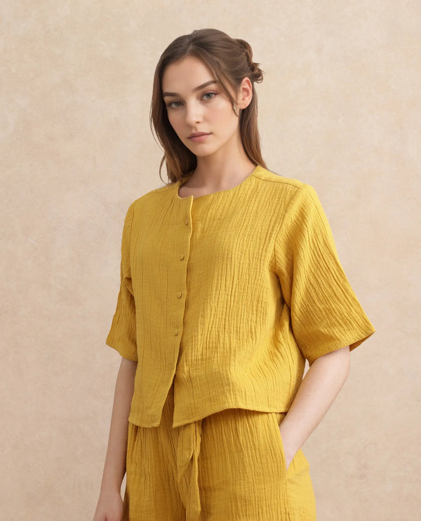 Rareism Women Jandren-T Mustard 100% Cotton Fabric Regular Sleeve Cowl Neck Relaxed Fit Plain Top