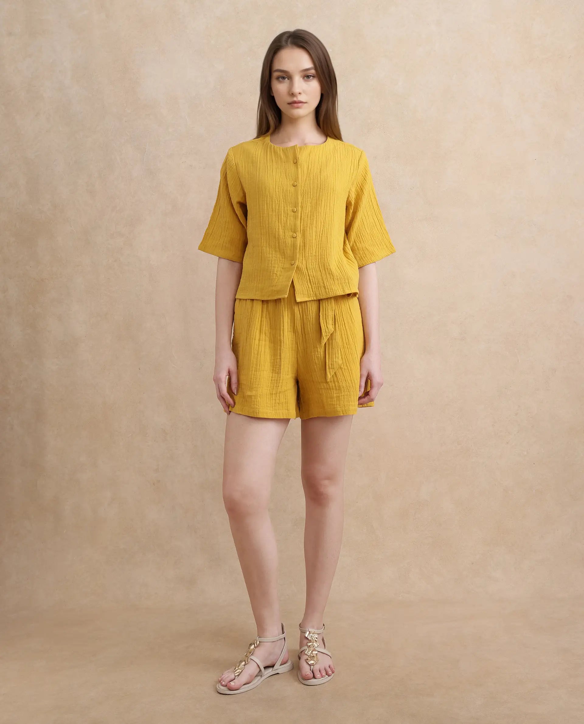 Rareism Women Jandren-T Mustard 100% Cotton Fabric Regular Sleeve Cowl Neck Relaxed Fit Plain Top