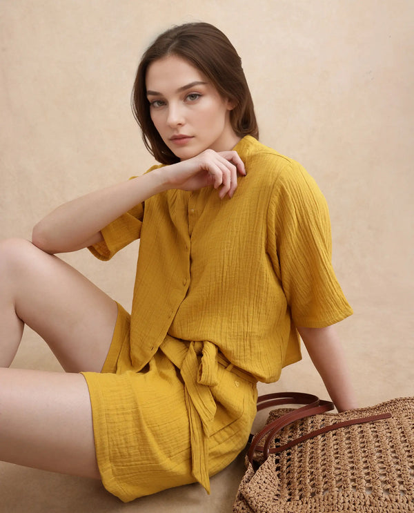 Rareism Women Jandren-T Mustard 100% Cotton Fabric Regular Sleeve Cowl Neck Relaxed Fit Plain Top