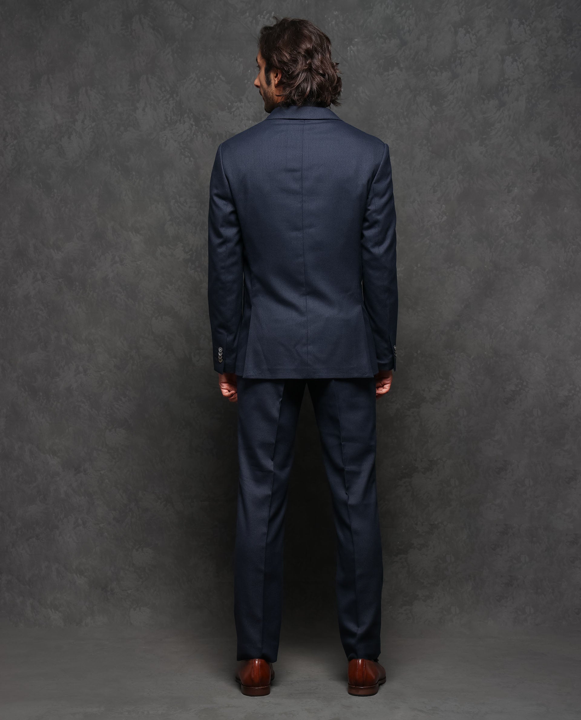 Rare Rabbit Men's Jardin Dark Navy Polyester Viscose Fabric Notch Lapel Button Closure Single Breasted Textured Suits