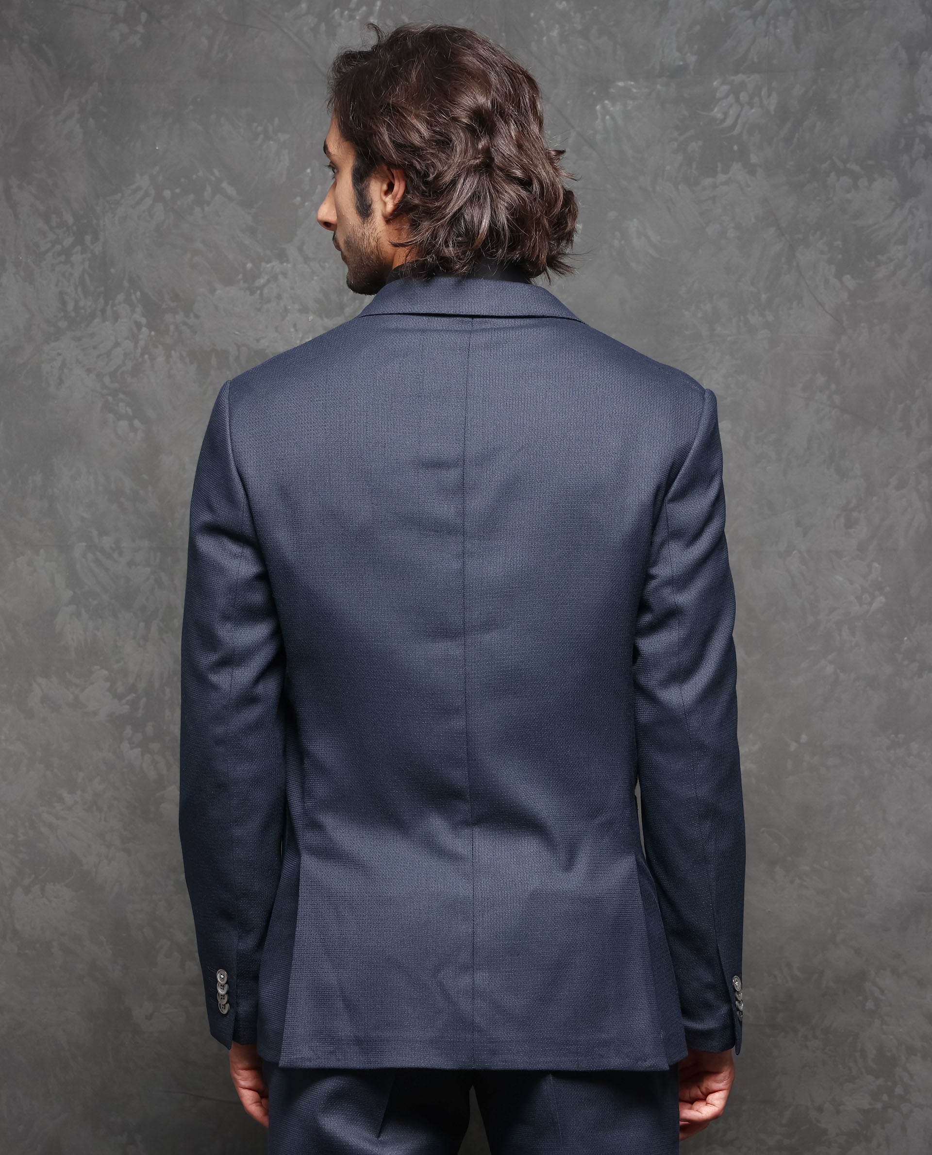 Rare Rabbit Men's Jardin Dark Navy Polyester Viscose Fabric Notch Lapel Button Closure Single Breasted Textured Suits