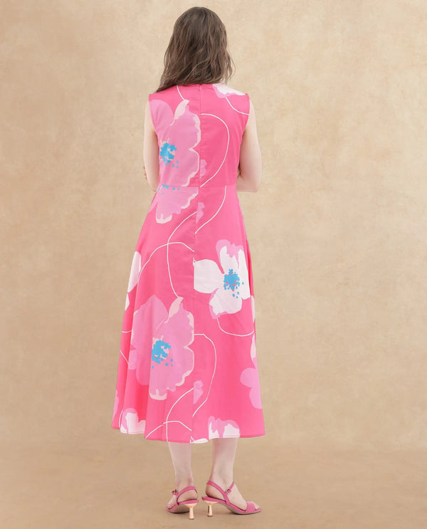 Rareism Women Jerile Flouroscent Pink Cotton Fabric Sleeveless Boat Neck Floral Print Longline Dress