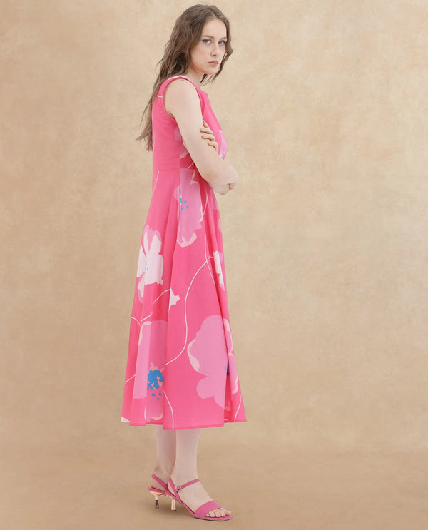 Rareism Women Jerile Flouroscent Pink Cotton Fabric Sleeveless Boat Neck Floral Print Longline Dress