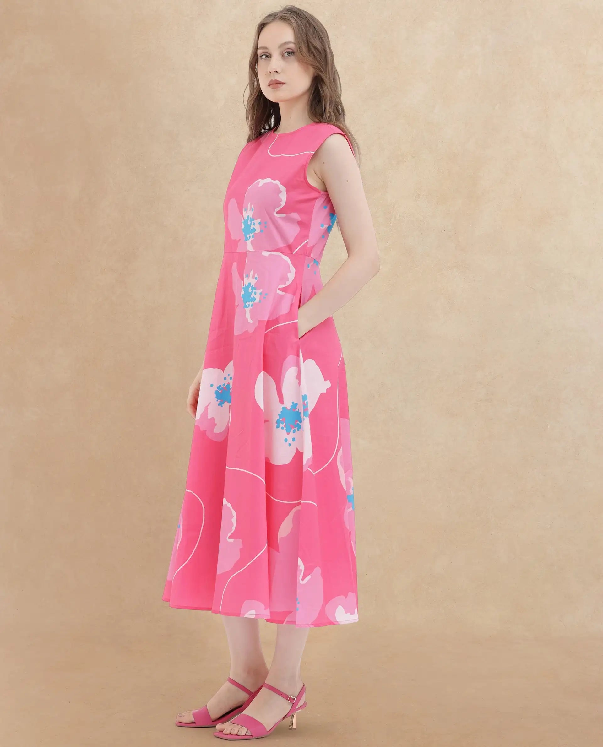 Rareism Women Jerile Flouroscent Pink Cotton Fabric Sleeveless Boat Neck Floral Print Longline Dress