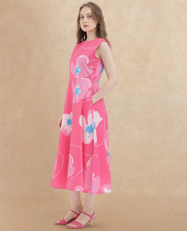 Rareism Women Jerile Flouroscent Pink Cotton Fabric Sleeveless Boat Neck Floral Print Longline Dress