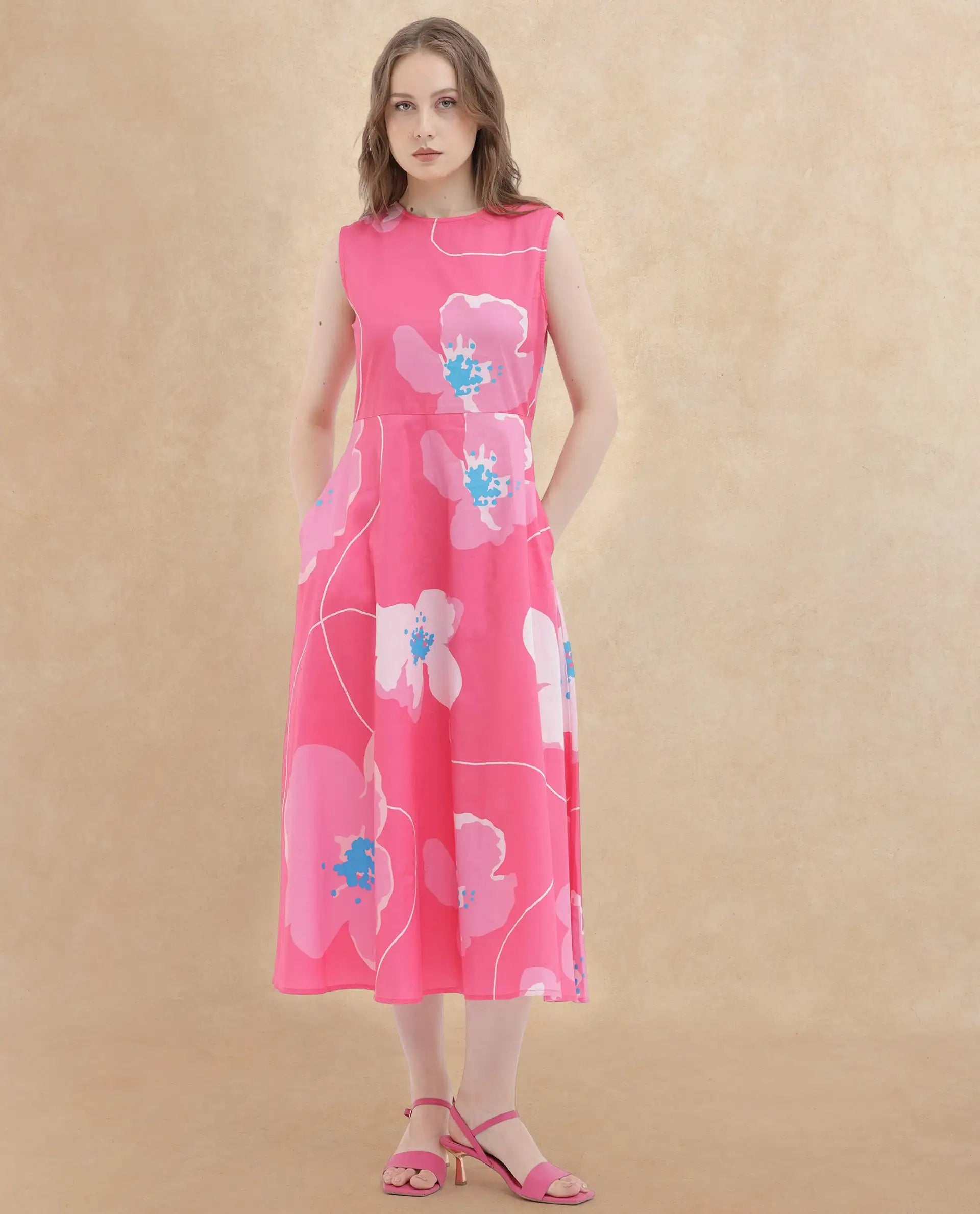Rareism Women Jerile Flouroscent Pink Cotton Fabric Sleeveless Boat Neck Floral Print Longline Dress